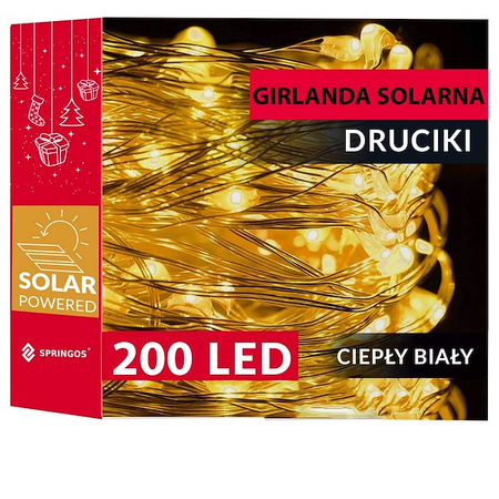 Lampki choinkowe 200 Led 22 m druciki ciepły biały oświetlenie świąteczne solarne