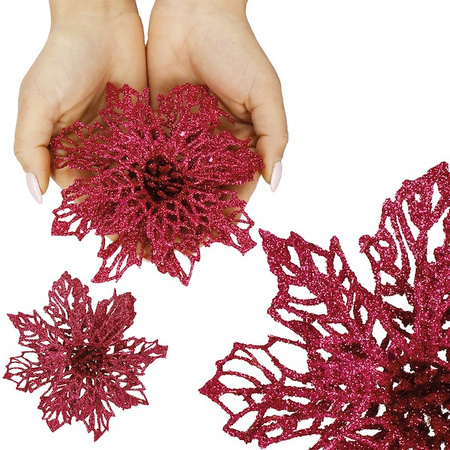 Gwiazda betlejemska, sztuczny kwiat poinsecja 13 cm różowa z brokatem