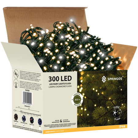 Lampki choinkowe 25,5 m biały ciepły, flash biały zimny 300 led oświetlenie świąteczne IP44