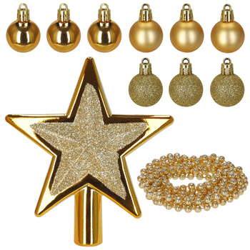Bombki choinkowe złote 11 szt. zestaw gwiazda, łańcuch koraliki, bombki brokatowe