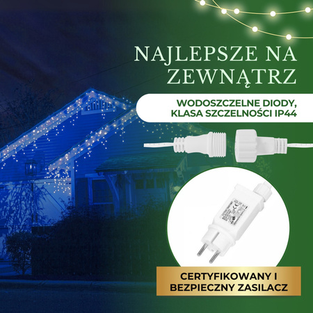 Kurtyna świetlna 300 led girlanda, lampki wewnętrzno-zewnętrzne 14,5 m sople niebieski z zimnym białym flash