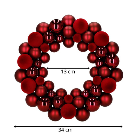 Wieniec świąteczny z bombek choinkowych, wianek na drzwi 34 cm, stroik na stół czerwony