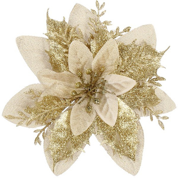 Gwiazda betlejemska, sztuczny kwiat, poinsecja kremowo-złota z brokatem na klipsie