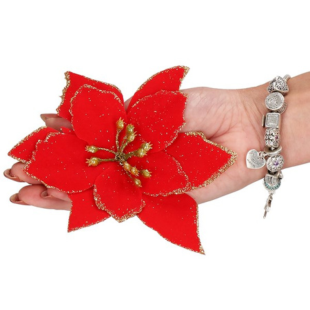 Gwiazda betlejemska 2 szt. sztuczny kwiat poinsecja czerwona z brokatem, na klipsie