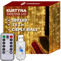 Kurtyna świetlna ciepły biały 200 Led 3x2 m lampki wewnętrzne z programatorem USB