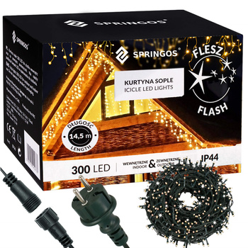 Kurtyna świetlna 300 led girlanda, lampki zewnętrzne sople ciepły biały + flash