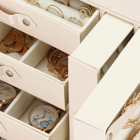 Kuferrek, Szkatułka na biżuterię ekoskóra 26x22x18 cm różowy z szufladami