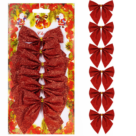 Kokardki świąteczne na choinkę 6 szt. brokatowe zawieszki choinkowe czerwone