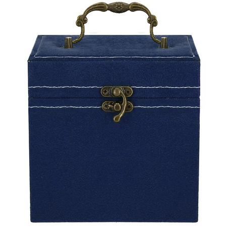 Kufer, szkatułka na biżuterię 12x12x12 cm granatowy z przegródkami welurowy