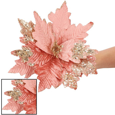 Gwiazda betlejemska, sztuczny kwiat na klipsie poinsecja różowa srebrne cekiny