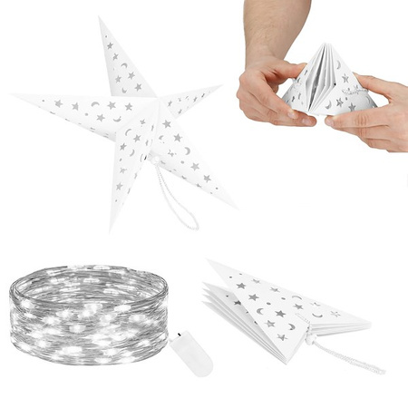 Gwiazda świąteczna papierowa biała 3D i lampki choinkowe led zimny biały