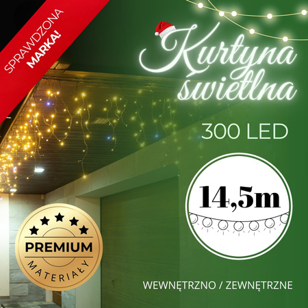 Kurtyna świetlna 300 led girlanda, lampki wewnętrzno-zewnętrzne sople biały ciepły + biały flash