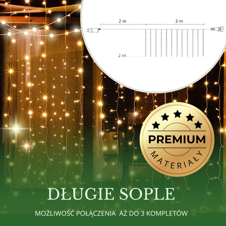 Kurtyna świetlna 200 led girlanda, lampki sople biały ciepły