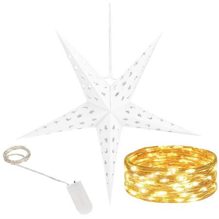 Gwiazda papierowa świąteczna biała 3D 25 cm i lampki choinkowe 10 led ciepły biały