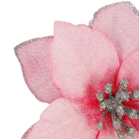 Gwiazda betlejemska, sztuczny kwiat na klipsie poinsecja różowa srebrny brokat