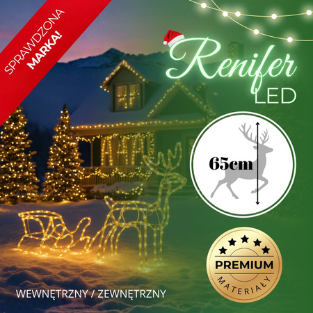 Renifer Led 120 cm świąteczny z saniami świetlna dekoracja do ogrodu biały ciepły + flash