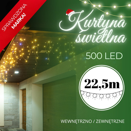 Kurtyna świetlna 500 led girlanda, lampki wewnętrzno-zewnętrzne 24 m sople biały ciepły + flash