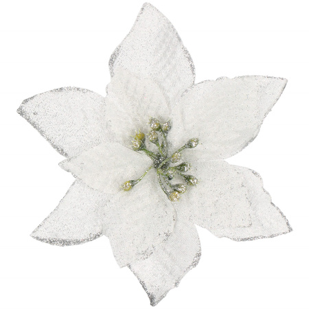 Gwiazda betlejemska 2 szt. sztuczny kwiat poinsecja srebrna z brokatem, na klipsie