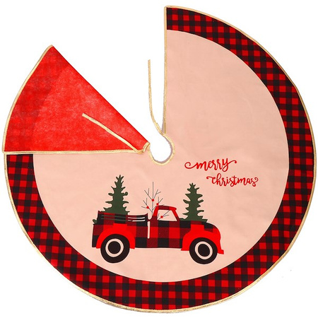 Dywanik pod choinkę 91 cm czerwony z samochodem, mata na prezenty merry christmas