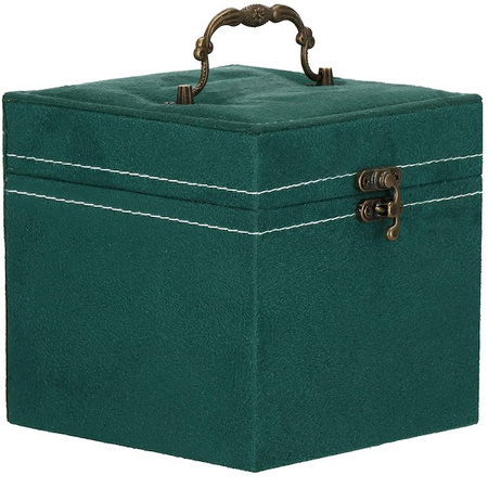 Kuferek, szkatułka na biżuterię 12x12x12 cm zielony welurowy organizer z przegródkami