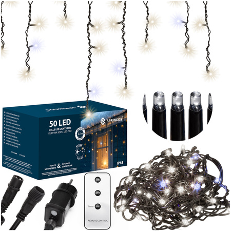 Kurtyna świetlna PRO 50 Led 2,5 m lampki IP65 zimny biały + zimny biały flash zestaw