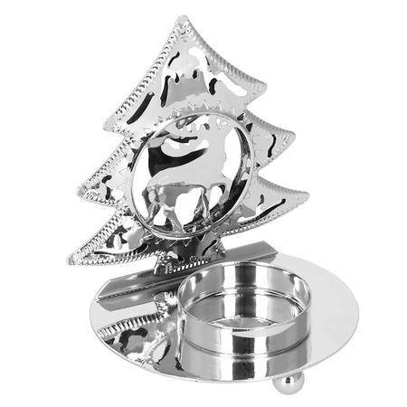 Świecznik świąteczny metalowy choinka z podstawką na świeczkę srebrna