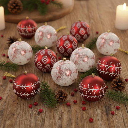 Czerwone bombki choinkowe 11 cm 12 szt. zestaw ozdoby świąteczne zdobione