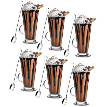 Szklanki do kawy, pucharki do deserów z uchem 280 ml z długimi łyżeczkami komplet 6 szt.