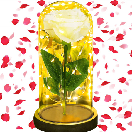 Wieczna róża w szklanym kloszu 21 cm świecąca dekoracja LED sztuczny kwiat biały