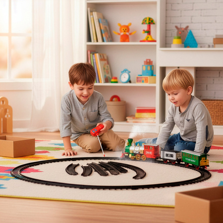 Pociąg z wagonami na baterie z efektem mgiełki i dźwiękami, lokomotywa zestaw kolejowy dla dzieci