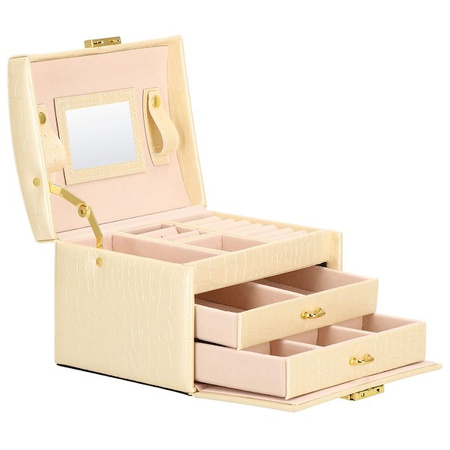 Kuferek, szkatułka na biżuterię 17,5x14x12,5 cm ecru z szufladami i lusterkiem