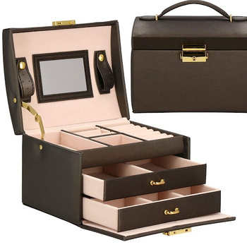 Kuferek, szkatułka na biżuterię 17,5x14x12,5 cm brązowy z szufladami i lusterkiem