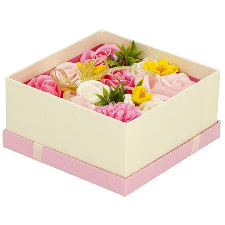 Kwiaty mydlane 15 szt. róże w pudełku prezentowym Flower box różowe, kremowe, żółte