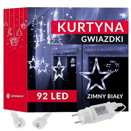 Kurtyna świetlna 92 led girlanda gwiazdki, lampki wewnętrzno-zewnętrzne sople zimny biały