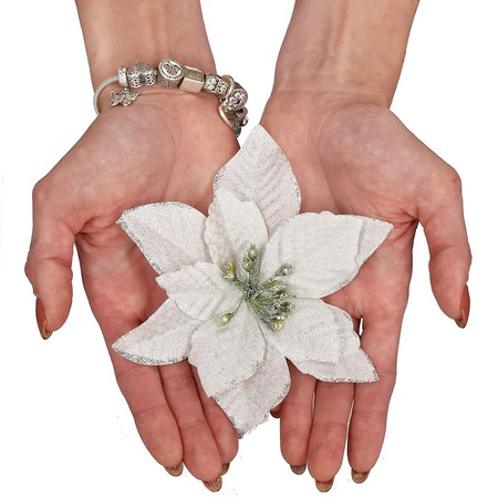 Gwiazda betlejemska, sztuczny kwiat poinsecja srebrna z brokatem, na klipsie