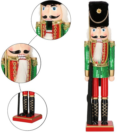 Dziadek do orzechów 51 cm z karabinem, drewniany żołnierzyk w cekiny, figurka świąteczna