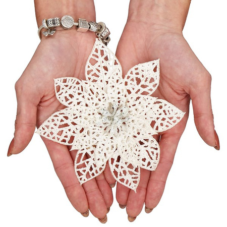 Gwiazda betlejemska, sztuczny kwiat, poinsecja ażurowa, biała z brokatem na klipsie