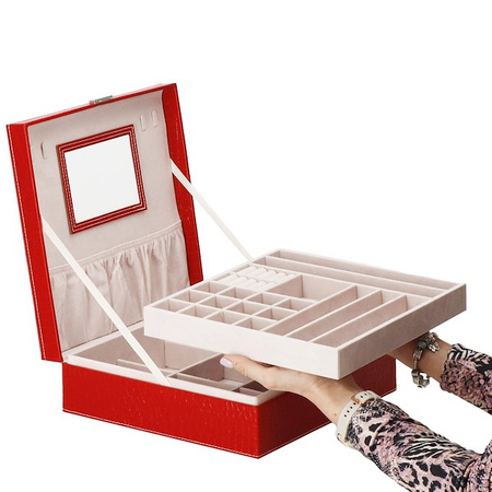 Kufer, szkatułka na biżuterię ekoskóra 26x26x8,5 cm czerwony z przegródkami