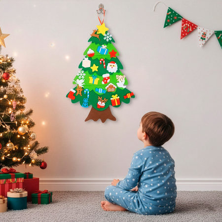Choinka 93 cm z zawieszkami 25 szt. ozdoba świąteczna na ścianę, filc multikolor