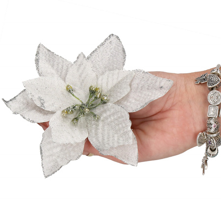 Gwiazda betlejemska 2 szt. sztuczny kwiat poinsecja srebrna z brokatem, na klipsie