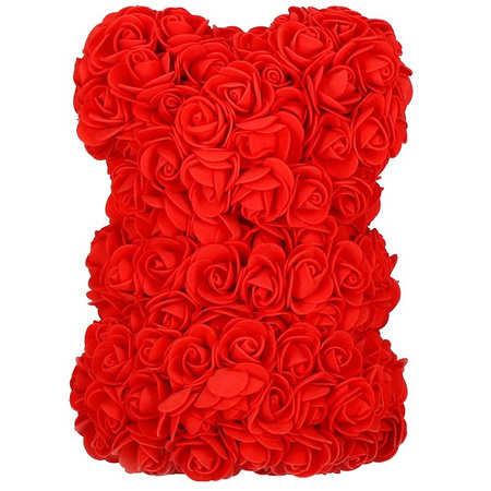 Miś z czarną kokardką z róż 25 cm czerwony w pudełku miś różany LED zimny biały