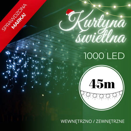 Kurtyna świetlna 1000 led girlanda, lampki wewnętrzno-zewnętrzne sople zimny biały z flash