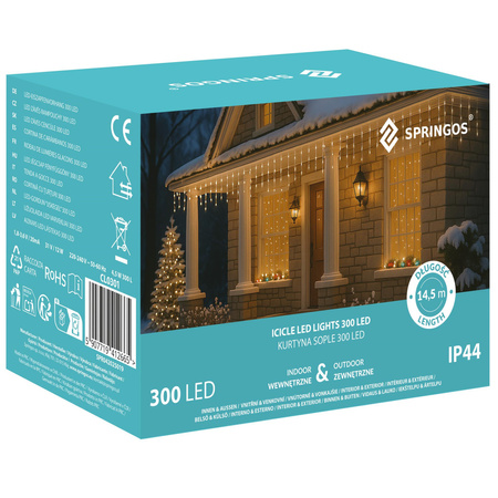 Kurtyna świetlna 300 led girlanda, lampki wewnętrzno-zewnętrzne sople ciepły biały