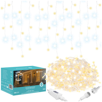Kurtyna świetlna 500 led girlanda, lampki wewnętrzno-zewnętrzne 22,5 m sople biały ciepły + flash
