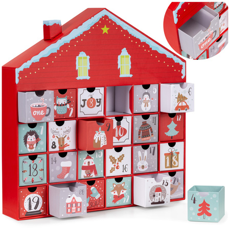 Kalendarz adwentowy, świąteczny 24 szufladki do uzupełnienia, domek, multikolor