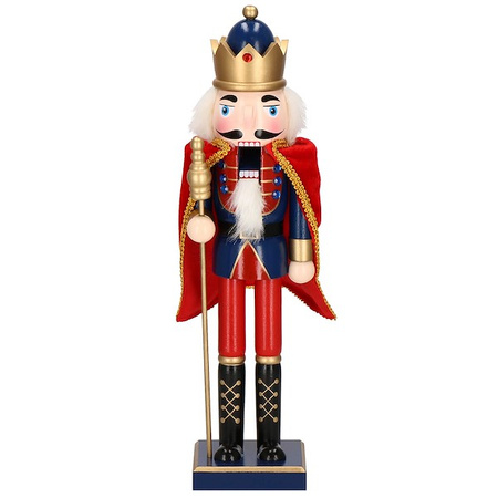 Dziadek do orzechów 38 cm z berłem, drewniany żołnierzyk niebiesko-czerwony, figurka świąteczna