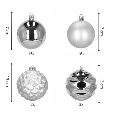 Bombki choinkowe, zestaw 37 szt. dekoracji do stroika, nietłukące srebrne