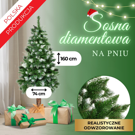 Choinka na pniu 160 cm sztuczna sosna diamentowa ośnieżona jak żywa