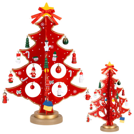 Choinka z drewna z figurkami 29 cm świąteczna dekoracja bożonarodzeniowa czerwona