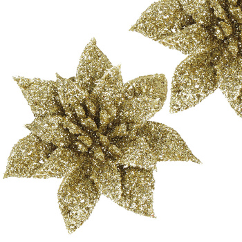 Gwiazda betlejemska, sztuczny kwiat, poinsecja złota z brokatem na klipsie